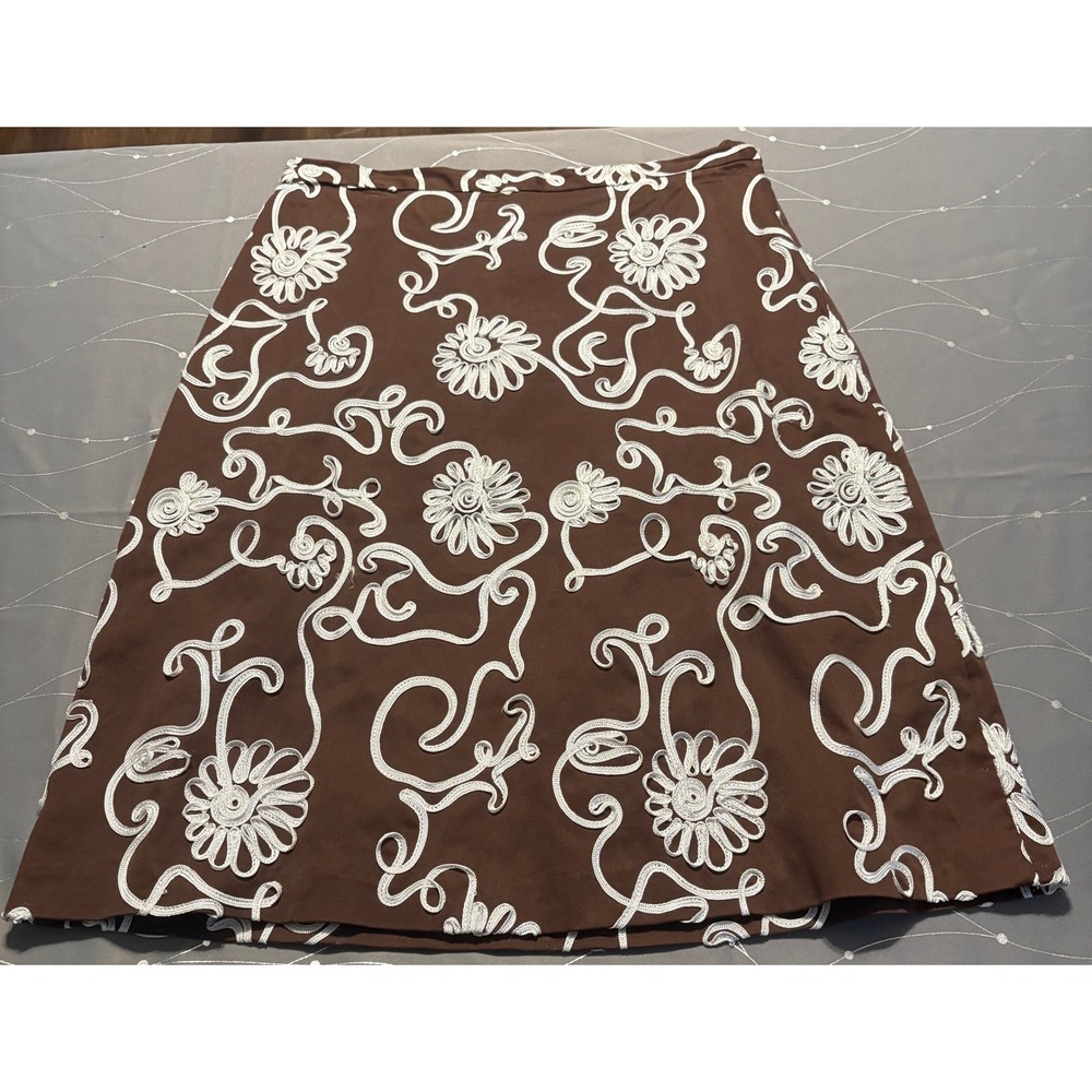 Neiman Marcus Exclusive Brown Soutache Floral A-Line Skirt Size 12 Made in USA